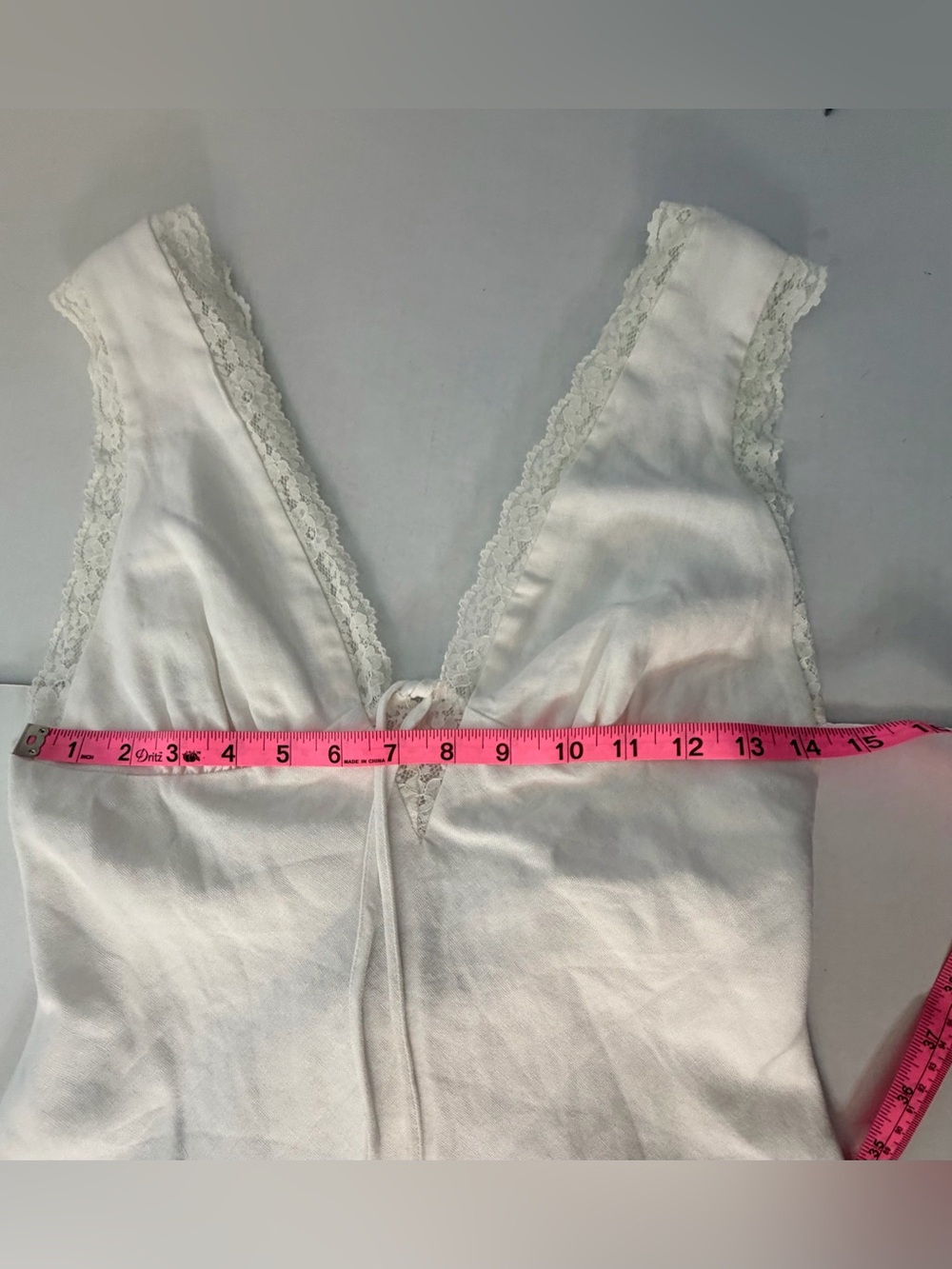 Cotton-Linen Cottage-Core White Lace Double Lined Trim Tie Front Mini Dress M - Picture 8 of 13